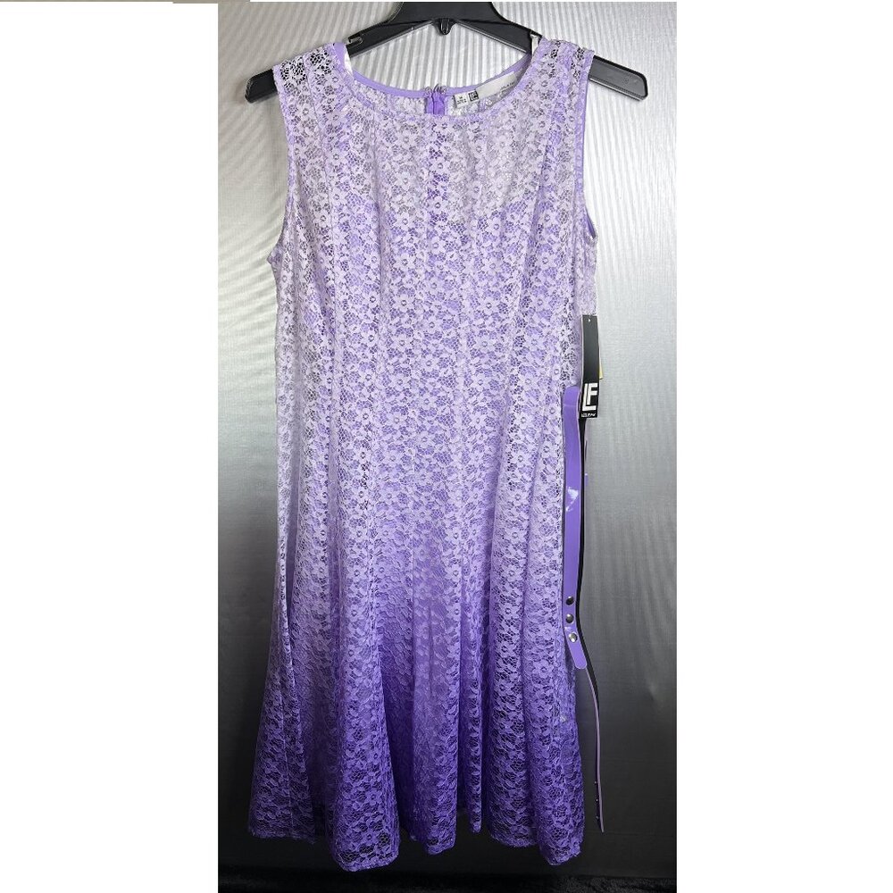 New Leslie Fay Purple Ombre Lace Lined Belted Dress Size 14